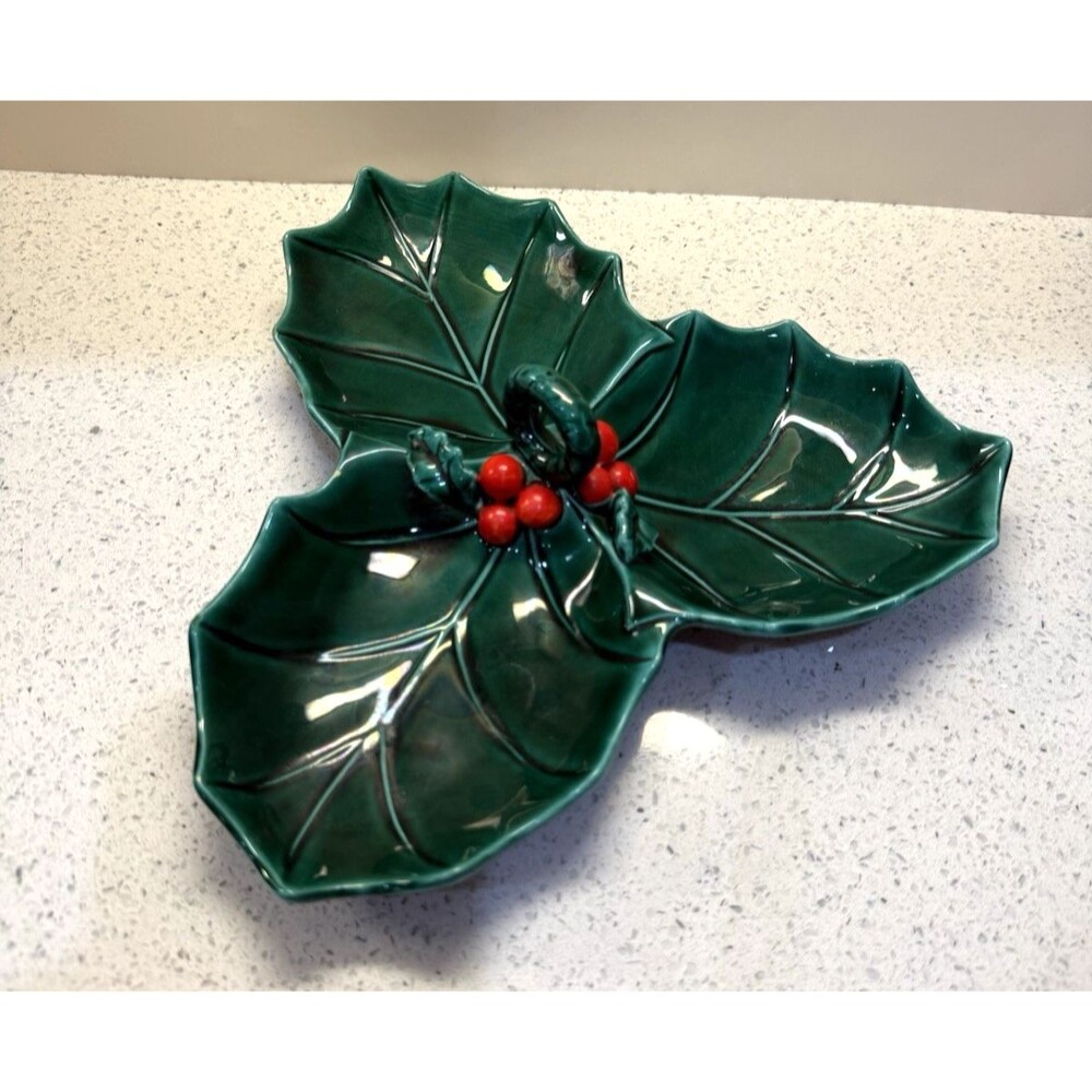 Vintage Lefton Japan Green Holly Berry 3 Part Relish Candy Divided Dish 9"